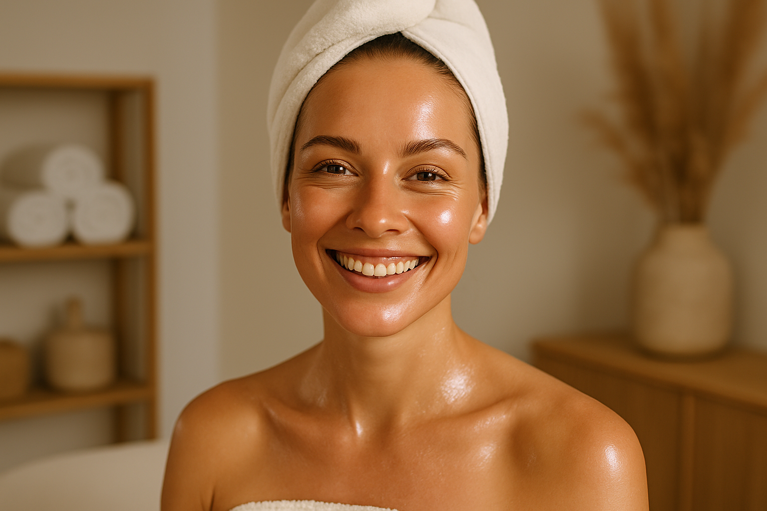 A close-up of a happy female client with glowing, healthy skin after a facial treatment, in a clean and modern spa setting. Soft natural lighting, Scandinavian minimalist style, warm and natural tones, elegant and high-end aesthetic. The image should convey positive results, satisfaction, and trust for first-time customers. No text on the image.