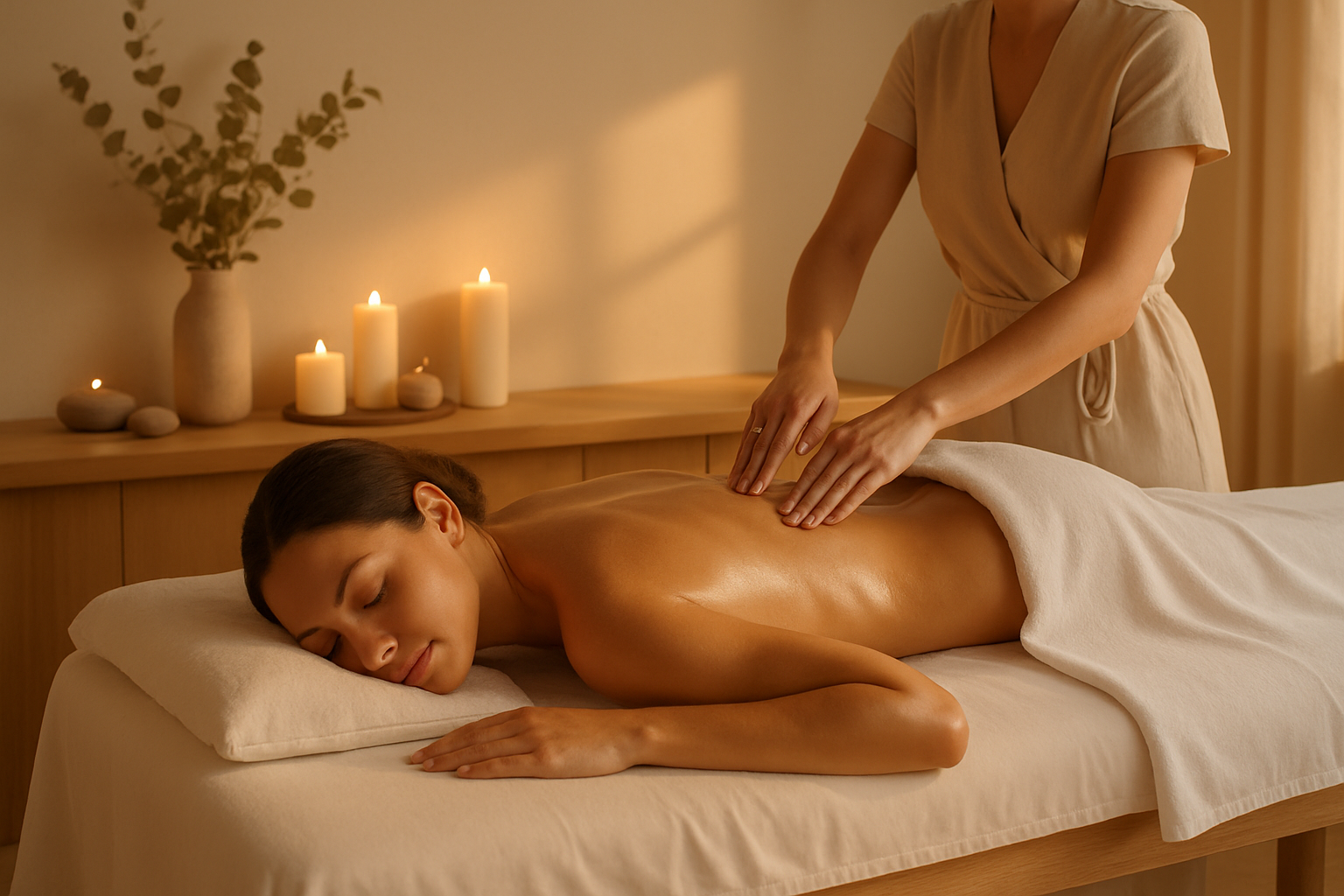 A luxurious wellness environment with warm, soft lighting and a Scandinavian minimalistic interior. A woman receiving a relaxing back massage with warm oils, surrounded by soft white linens and natural elements like wood and candles. The vibe is calm, rejuvenating, and high-end, evoking a feeling of balance and self-care. No text overlay.