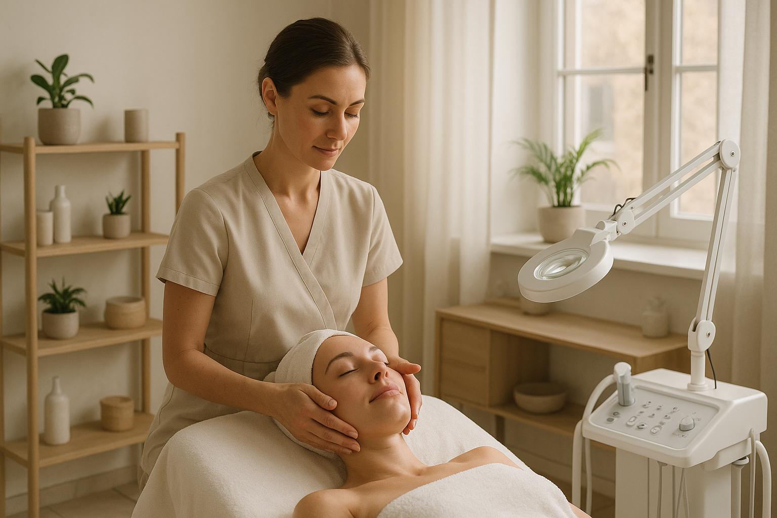 "A professional portrait of a certified skin therapist performing a facial treatment, in a serene spa environment. Soft natural lighting, Scandinavian minimalist style, warm and natural tones, elegant and high-end aesthetic. The image should emphasize expertise, professionalism, and trust, appealing to Swedish women with medium to high income. No text on the image.