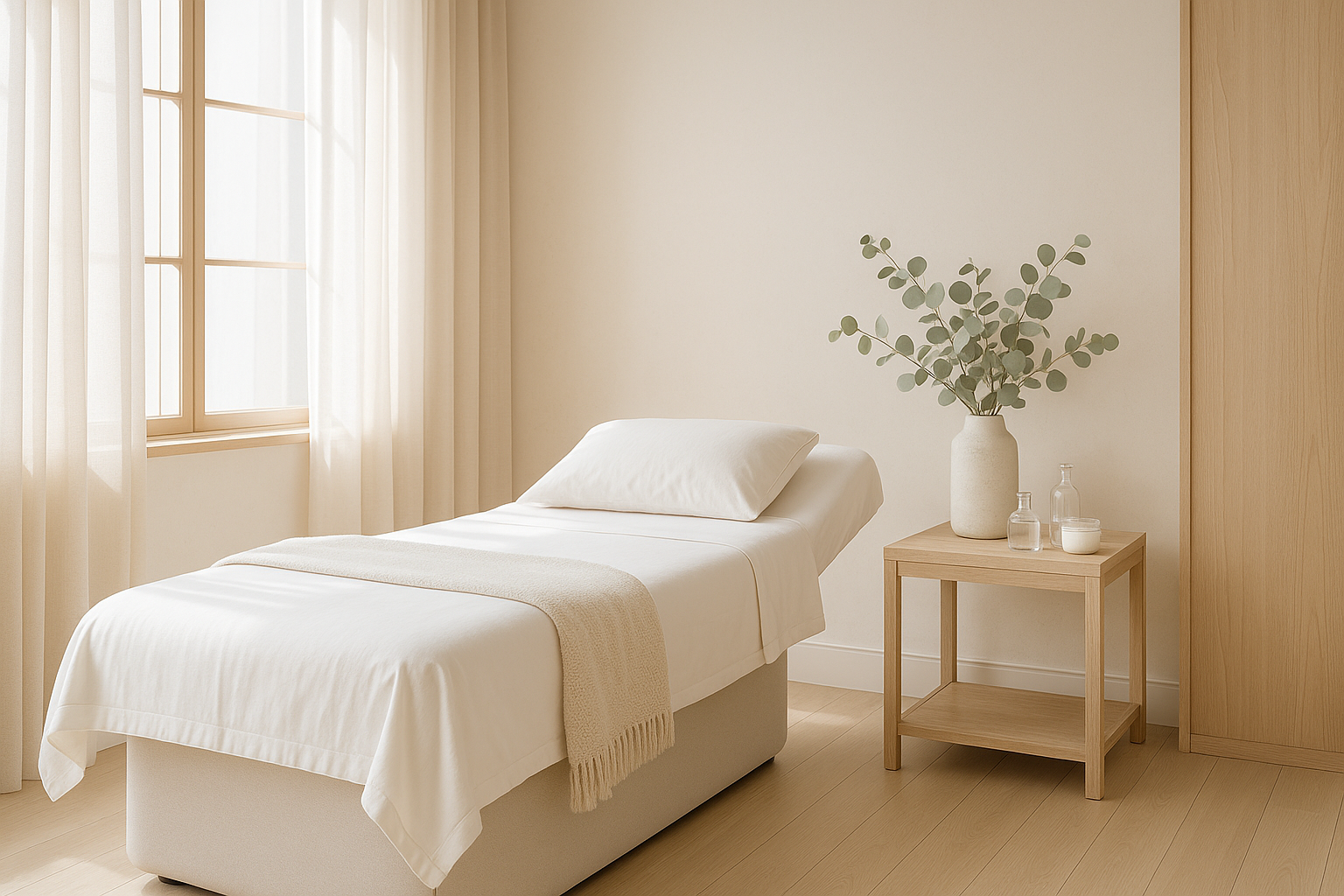 A serene and inviting spa treatment room, clean and minimalist, with soft natural lighting and warm Scandinavian design elements. Focus on comfort, hygiene, and a relaxing atmosphere. Elegant and high-end aesthetic, appealing to Swedish women with medium to high income. No text on the image.