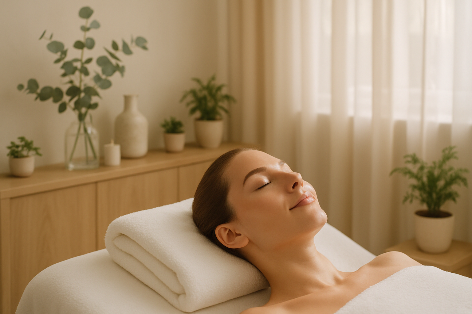 A serene, Scandinavian-inspired spa setting with soft, natural lighting. A close-up of a woman with glowing, flawless skin, lying relaxed on a treatment bed with a white towel. Minimalist décor, soft beige and cream tones, fresh greenery in the background, and a luxury, calming atmosphere. No text overlay, focus on natural beauty and a premium skincare experience.